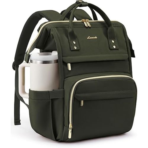 LOVEVOOK Laptop Backpack for Women with Giant Tumbler Holder Pocket,18 inch Waterproof Travel Backpack Purse Computer Laptop Bag,Professional Work College Nurse Teacher Backpack Daypack,Olive Green
