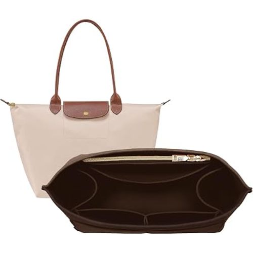 OPPOSHE Purse Organizer Insert for Longchamp Le Pliage, Premium Felt Long Champ Bag Handbag Women, Tote Organizer Insert with 9 Compartments (Large, Dark Brown)