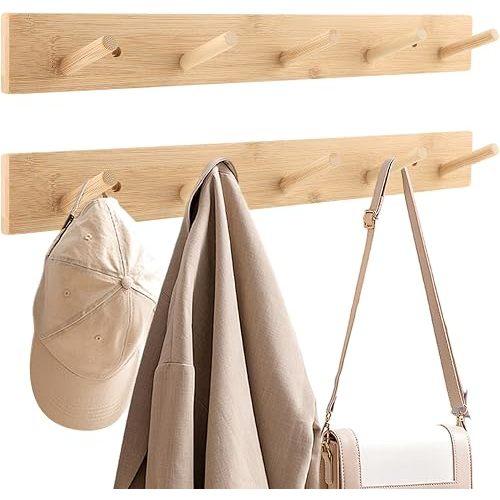 Coat Rack Wall Mount, Rustic Wood Coat Rack Natural Bamboo, 2 Pcs