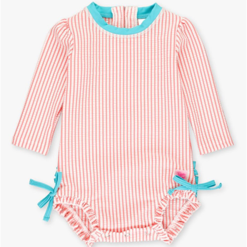 Seersucker Long Sleeve Rash Guard One Piece | Coral Seersucker
