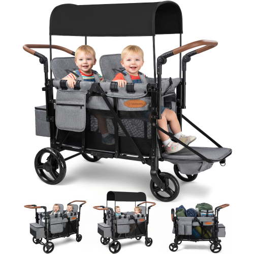 Vomeast Upgrade Wagon Stroller for 2 Kids, 2-Seater Baby Stroller Wagon with Canopy, 5-Point Harness, Adjustable Handle(Grey)