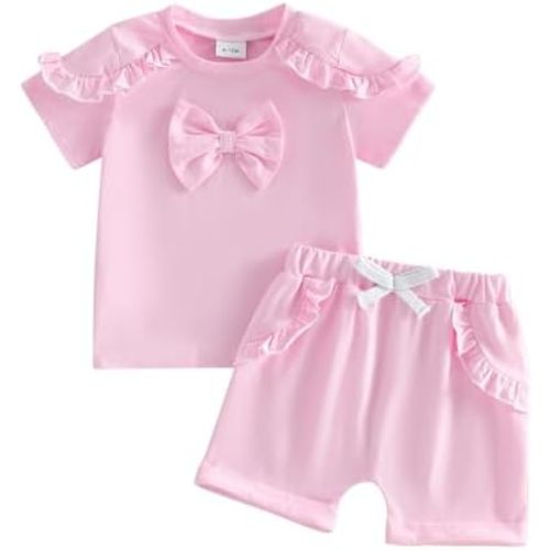 Bagilaanoe Toddler Baby Girl Short Sleeve T-Shirt and Shorts Set Ruffle Solid Color Clothes Summer 2PCS Outfit