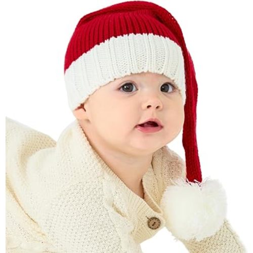 Baby Santa Hat Christmas for Baby Toddler Infant Newborn Washable Fade-restant Knitted Santa Hat Soft Warm Long for New Year Festive Holiday Party Indoor Outdoor Winter Red