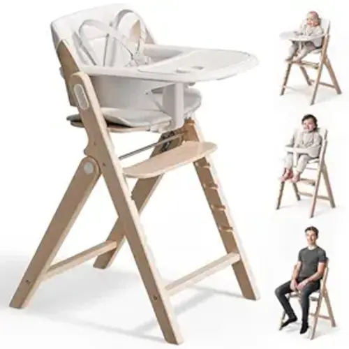 Mamazing GrowPod Pro Wooden Baby High Chair for 6 Months to 220lbs, Easy to Clean with Tray, Compact Foldable Highchair for Kitchen & Dining Room, with 5-Point Safety Harnesses and Guard Bar