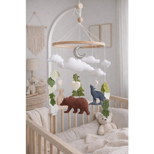 Baby crib mobile, Woodland nursery decor, Nursery mobile woodland,  forest  hanging mobile, woodland baby shower gift, green tree bunny