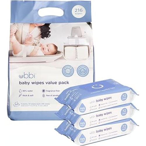 Ubbi Fragrance-Free Baby Wipes, 99% Water Based, Plant Based Wipes, Hypoallergenic for Sensitive Skin with Chamomile, Vitamin E & Aloe, EWG Verified, Value Pack, 3 Pack (216 Wipes Total)