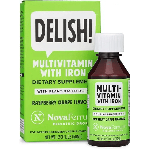 NovaFerrum Delish | Vegan Multivitamin with Iron for Infants, Toddlers & Kids | Immune Support | Organic Plant-Based D-3 | Gluten Free | Vegan Verified | Sugar Free | 1.69 Fl Oz (50 mL)