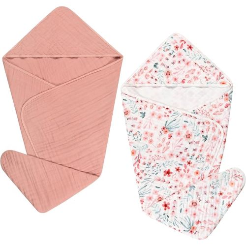 2 Pack Hooded Baby Towel Set Ultra Soft Absorbent Muslin Cotton Bath Towels 35x35 Inches for Newborns, Infants, Toddlers & Kids Ideal Baby Gift Registry Essential (Pink, 35" x 35" (90x90 cm))