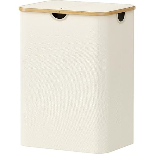 Lifewit 150L Laundry Basket with Lid, Clothes Hampers with Bamboo Handles and A Removable Laundry Bag, Large Foldable Hamper for Bedroom, Bathroom, Dorm, LaundryRoom, White