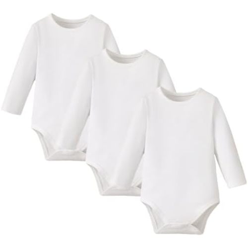 ROMPERINBOX Long Sleeve Onsies Girl 3 Pack Knitted Solid Baby Crew Neck Bodysuit Multicolors 0-24 Months