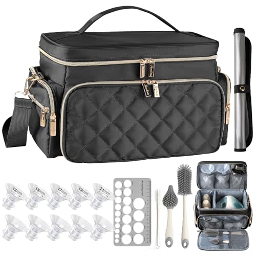 Breast Pump Bag Kit for Spectra S1/S2, Pumping Bag with Bottle Brush Set, 10 Flange Inserts for 24mm Flange, Nipple Ruler, Waterproof Mat, Pump Carrying Case for Work, Travel, Black