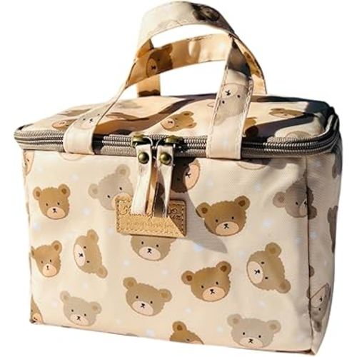 Kwang Min Small Insulated Lunch Bag, Portable Reusable Lunch Box Cooler, Patchwork Design, Waterproof Liner (Beige Teddy Bear)