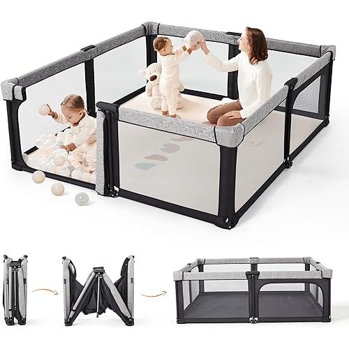Sweeby Baby Playpen, 79x71 Inch Foldable Playpens for Babies and Toddlers with Gate, Extra Large Playpen with Door Play Yard for Baby Fence Indoor and Outdoor Play Pen, Obsidian Black