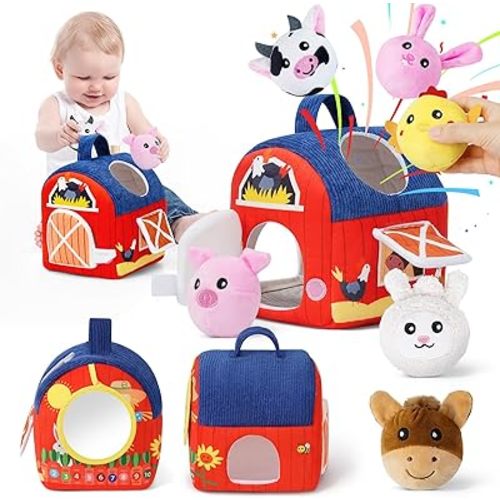 Soft Barn Baby Toys 6-12 Months with Stuffed Farm Animals, Rattle Squeaky Crinkle Sound & Mirror, Montessori Sensory Plush Infant Toy for 6 7 8 9 10 11 Month, 1 Year Old Baby Boy Girl Birthday Gifts