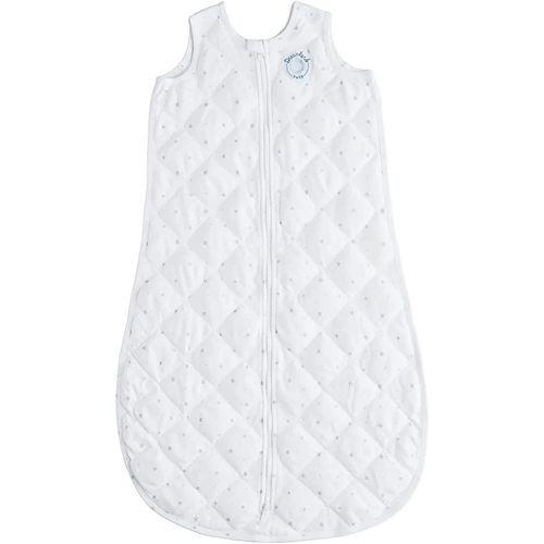 Dreamland Baby Weighted Sleep Sack | Gently Weighted Sleep Sack | 100% Natural Cotton | 2-Way Zipper | Machine Washable and Dryable | White with Gray Stars, SM (0-6 Mo.) - White With Grey Stars - SM (0-6 Months)