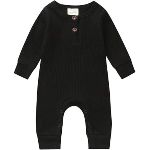 Summer Infant Newborn Baby Boy Girl Clothes Solid Button Romper Jumpsuit Bodysuit Ribbed Outfits Clothing (Long Sleeve Black, 12-18 Months)