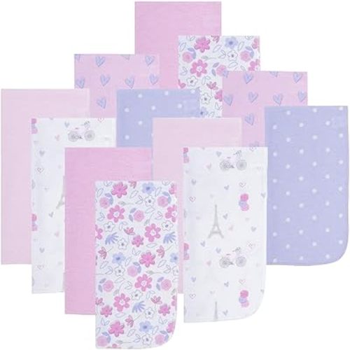 EVERYDAY KIDS 12 Pack Burp Cloths for Baby Girl - Paris, Flowers and Hearts