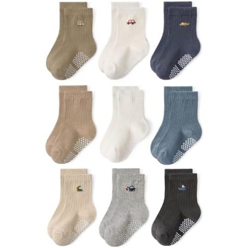 Toddler Non Slip Cotton Crew Socks with Anti-slip Dots for Infant Baby Boys Girls