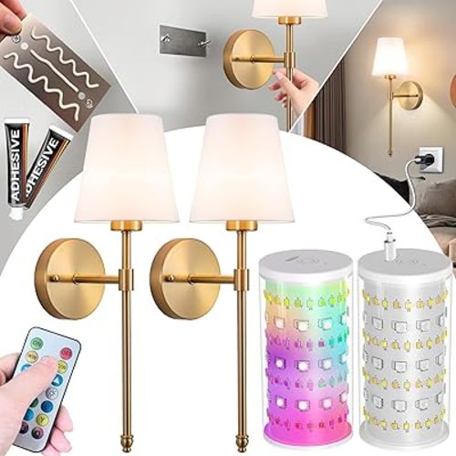 Battery Operated Wall Sconce: Peel and Stick Adhesives Stick On Non Drill Wall Light, Rechargeable Wireless Wall Lamp with Battery Corn Bulb for Bedroom Wall Decor (Gold,20inch)