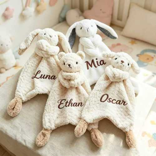 Custom Embroidered Name Bear Lovey, Soft Baby Security Blanket, Plush Toy Comforter, Gift for Newborn Infant