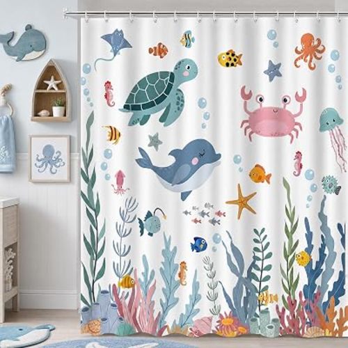 Kids Ocean Shower Curtain Cute Sea Turtle Dolphin Crab Fish Jellyfish Colorful Underwater World Bathroom Curtain for Boys Girls Waterproof Fabric Bath Curtain 72 x 72 Inch with 12 Hooks