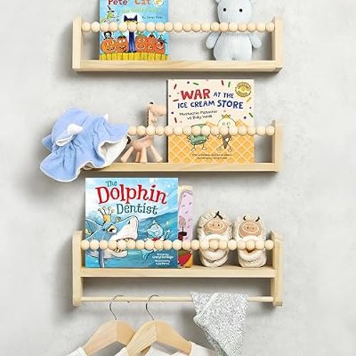 DelSol Set of 3 Nursery Floating Shelves for Wall Book Shelves with Towel Bar Wood Hanging Bookshelves Nursery Decor for Kids Room, Bedroom and Kitchen (Natural)