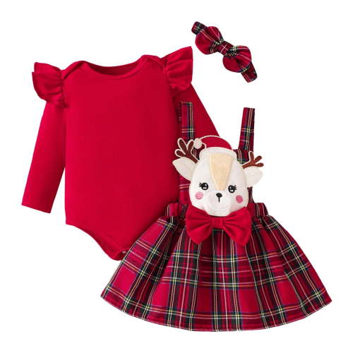 Adeawade Newborn Girl Outfits Infant Christmas Long Sleeve Cartoon Romper Bodysuit Deer Suspender Plaid Skirts Outfits Relax Fit Clothes Set Red 6-9 Months