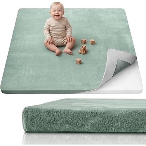 Blissful Diary 1.3" Thick Baby Play Mat, 50x50 Playpen Mat with Removable & Washable Cover, Ultra Soft Crawling Rug for Floor, Foam Cushion & Non-Slip Backing for Kid, Toddler and Infant, Sage Green