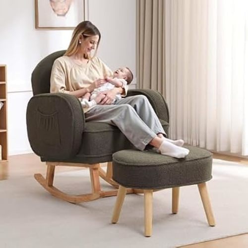 HCHAIRH Rocking Chair with Ottoman, Teddy Glider Rocker with High Backrest and Side Pocket, Rocking Accent Armchair with Solid Wood Legs for Nursery/Living Room/Bedroom Green