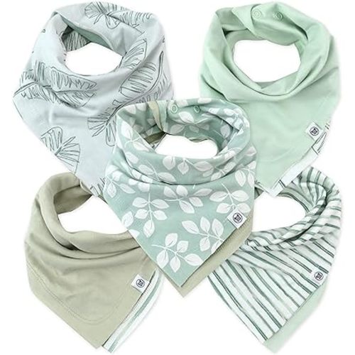 HonestBaby Boys Organic Cotton Bandana Drool Bib Multipack, 5-Pack Jumbo Leaf Sage, One Size