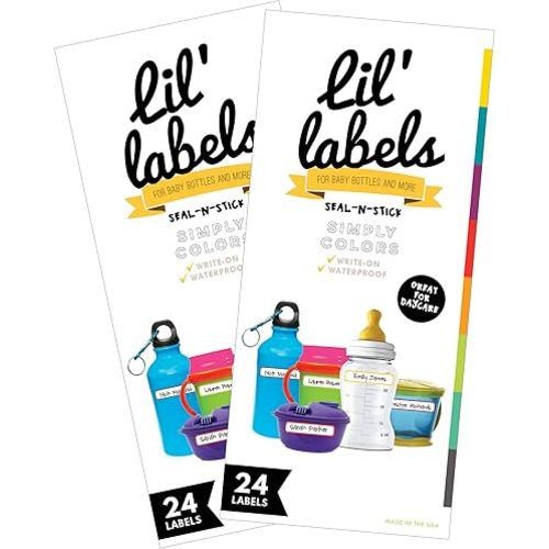 Removeable, Write-On Food Bottle Labels, Write-On, Self-Laminating, Freezer Safe Waterproof Kids Name Labels for Baby Bottles, Sippy Cup for Daycare School, Dishwasher Safe (Simply Colors, Set of 2)