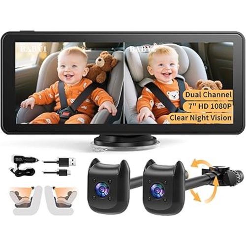 Dual Car Camera Baby Monitor with 6.9" Split Screen-1080P HD Carseat Camera for 2 kids with 360° Full Rotation-Night Vision, Auto-detail Enhancement, 2 Power Ways, Easy Install, for Twins & Siblings