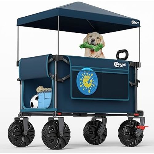 Portal 350L Collapsible Wagon Cart with Removable Canopy, 270LB Folding Utility Cart with Rear Door for Pet, Camping, Beach, and Outdoor Adventures