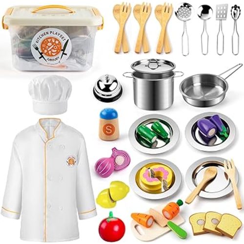 Juboury Pretend Play Kitchen Set - Toy Kitchen Accessories with Stainless Steel Cookware Pots and Pans, Plates, Cooking Utensils, Kids Chef Coat & Hat, Wooden Play Food for Kids, Girls, Boys, Toddlers