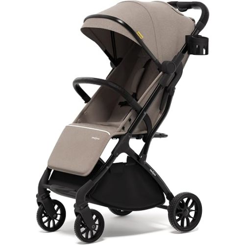newyoo GlideTow TR18M Travel Stroller, Compact Foldable Baby Stroller with Retractable Handle, Cup Holder, One-Hand Fold, Near Flat Recline Seat, Brown