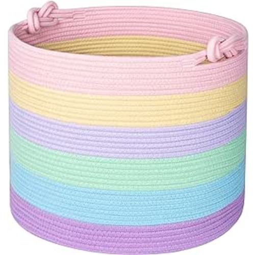 MINTWOOD Design 15 x 14.2 Inches Woven Cotton Rope Storage Basket, Stuffed Toy Basket Bin, Laundry Basket Hamper, Nursery Basket, Dog Toy Basket, Blanket Basket, Gift Basket, Pastel Rainbow : Home & Kitchen