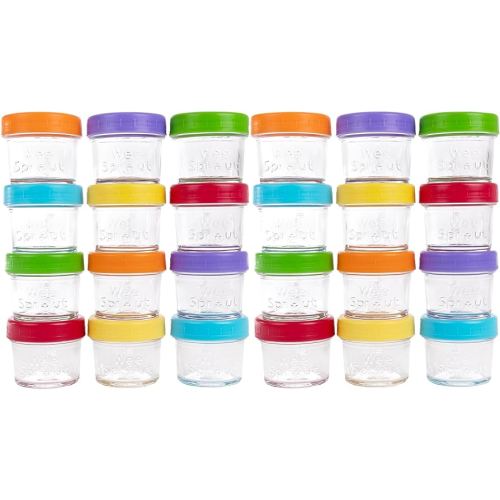 WeeSprout Baby Food Storage Glass Jars w/Lids (4 oz, 24 Pack) Bright Variety, Snack, Reusable Small Containers, Fridge or Freezer, Microwave & Dishwasher Safe, Essentials for Infants