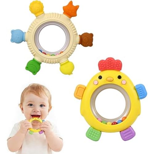 2 Pack Sensory Toys for Babies,Baby Teething Rings Toys for 0-6 6-12 Months Baby Rattle Teether Silicone Teether Relief Chew Soothing,BPA Free,Sore Gums Babys Teethers Toys