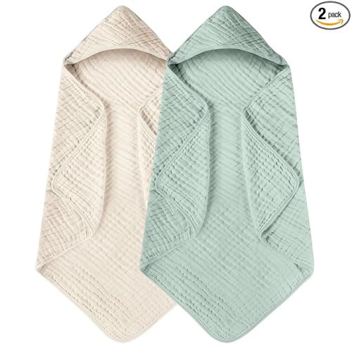 Yoofoss Hooded Baby Towels for Newborn 2 Pack 100% Muslin Organic Cotton Baby Bath Towel with Hood for Babies, Infant, Toddler and Kids, 32x32Inch, Soft and Absorbent Newborn Essential,Apricot&Green