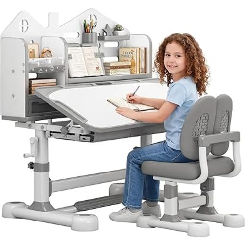 Juego de escritorio y silla para niños de altura ajustable, escritorio de estudio ergonómico para niños de 3 a 12 años con escritorio inclinable de 0 a 50°, sistema de manivela fácil, cajón, estantería y soporte de lectura para niños y niñas (gris)