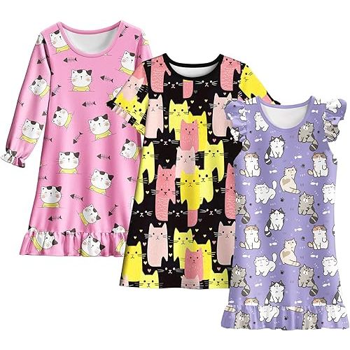 LQSZ Girls Nightgowns 3-Pack Toddler Nightdress Dress Sleepwear Pajamas for Girls 3-10 Years