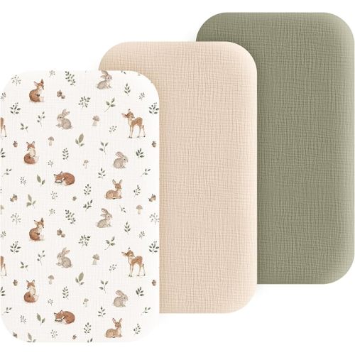 3 Pack Cotton Muslin Baby Bassinet Fitted Sheet for Bedside Sleeper | Stretchy & Soft, Compatible with Baby Delight, Dream On Me, Rectangle Mattresses, for Boys & Girls 32" x 21" (Woodland Sage)