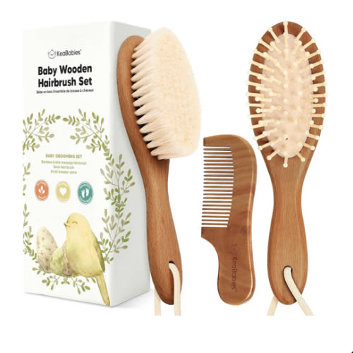 Baby Hair Brush and Comb Set for Newborn - Wooden Baby Hair Brush Set with Soft Goat Bristle, Baby Brush Set for Newborns,Baby Brush and Comb Set Girl, Boy,Toddler Cradle Cap Brush (Oval, Dark Walnut)