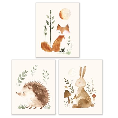 BESERH Woodland Animals Nursery Decor, Wild Animals Forest nursery wall art Hedgehog Fox Hare, Posters Wall Decor for Nursery Boys Girls Room, Framed Set 3, 8x10 Inches Unframed