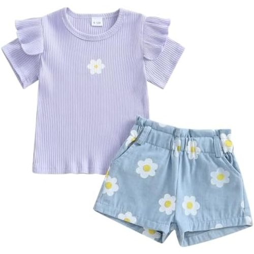 TheFound Toddler Baby Girl Summer Outfits Ruffle Short Sleeve Floral Print Tops Daisy Shorts Cute 2Pcs Toddler Baby Clothes