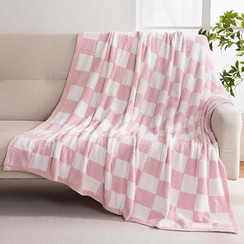 YIRUIO Checkered Knit Throw Blanket Ultra Soft Microfiber Reversible,Fluffy Fuzzy Cozy Throw for Bed,Sofa Couch Home Decor Pink 80''x90'' Big Size