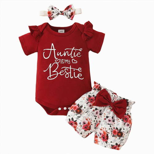 KPOPLK Baby Girl Summer Clothes Iâm New Here Going Home Outfit Ruffle Ribbed Romper Tops Floral Shorts Set + Headband baby girl clothes(6-9 Months,)
