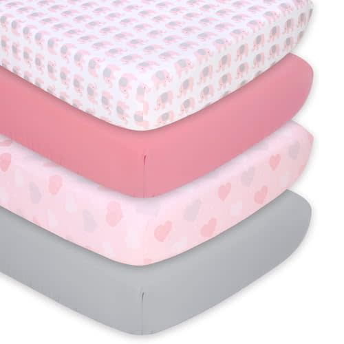 The Peanutshell Baby Crib Sheets 4-Pack for Girl - Soft, Oval & Fitted Baby Girls Crib Sheet, Rectangle, Fitted Covers, Halo Mattress - Pink Elephant