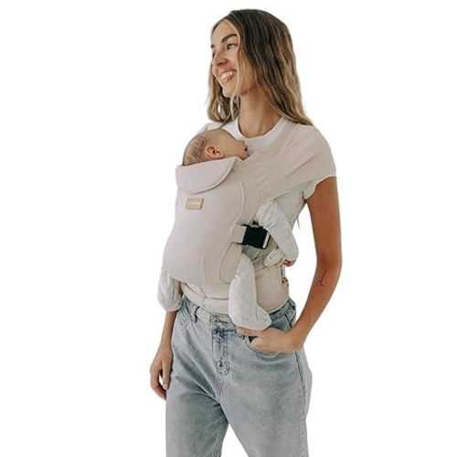 Tushbaby Pearl Wrap Baby Carrier for Newborns 8–20 lbs, Hands-Free Ergonomic Infant Carrier with Storage, Bottle & Wipe Holder, Adjustable Soft Fabric, Cream