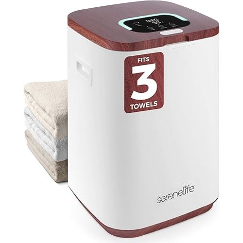 SereneLife Towel Warmer - 23L Capacity Bucket with Timer Function, Fits Up to Two Oversized Towels for Bathroom, Wood
